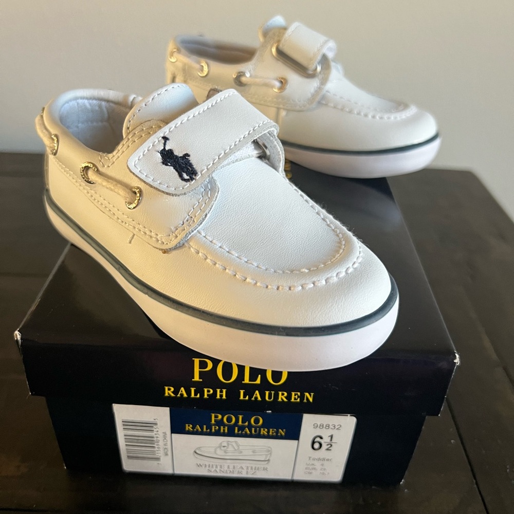 Polo by Ralph Lauren White Kids Leather Boat Shoes with Navy Pony